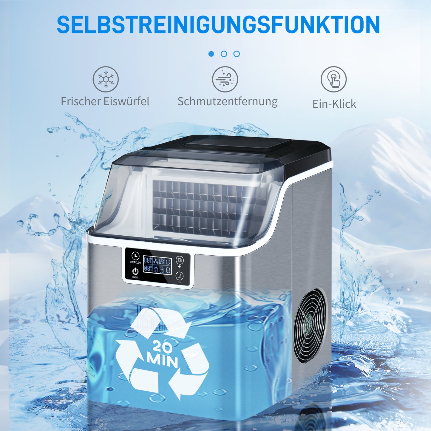 HOMCOM Eiswürfelmaschine Eiswürfelspender Ice-Maker 20kg/24h 2,3L Eiswürfelbereiter mit 3,2 L Wassertank, Silber