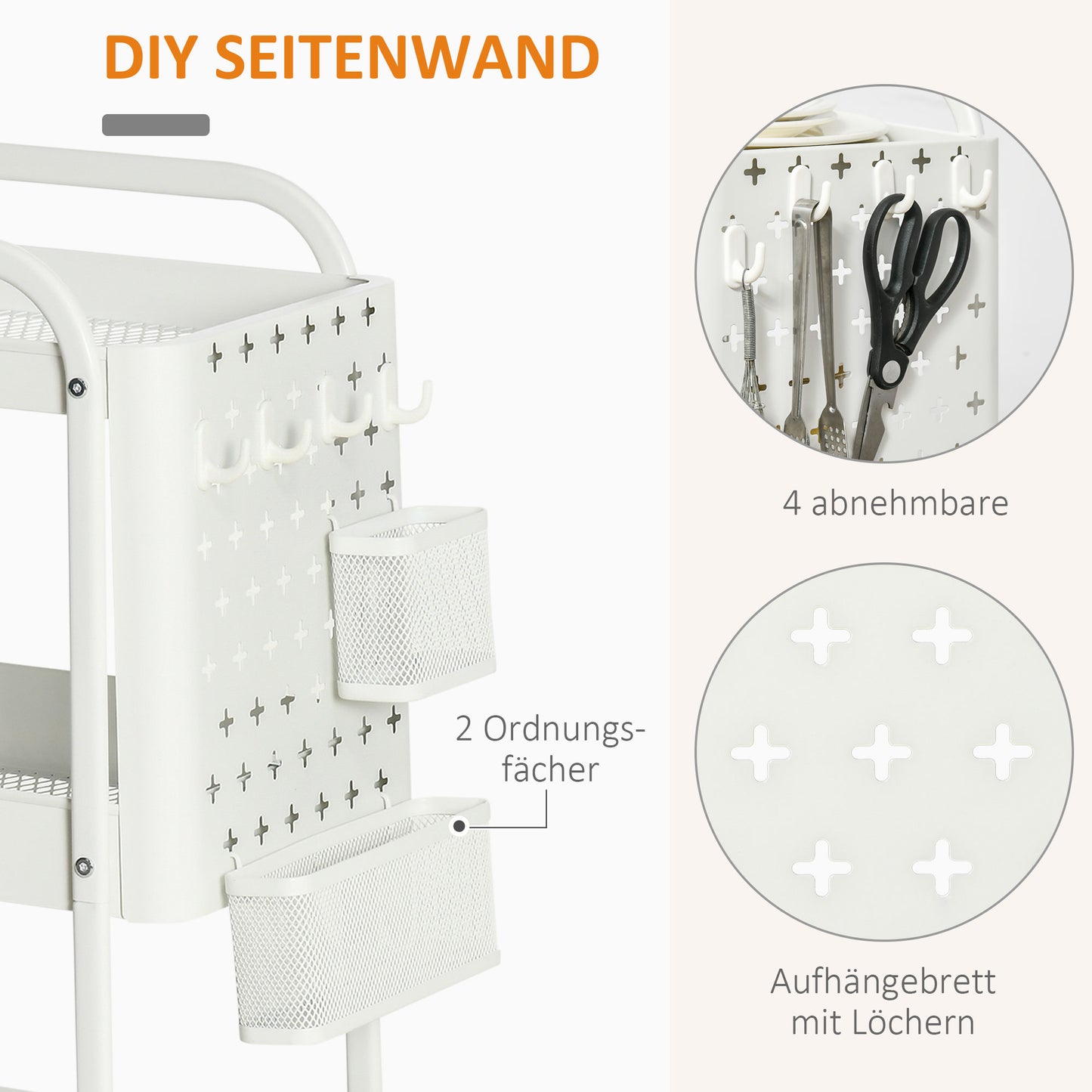HOMCOM Küchentrolley mit Lochtafel, Handtuchhaltern und Aufbewahrungskörben, 51,5 cm x 32 cm x75,6 cm, Weiß