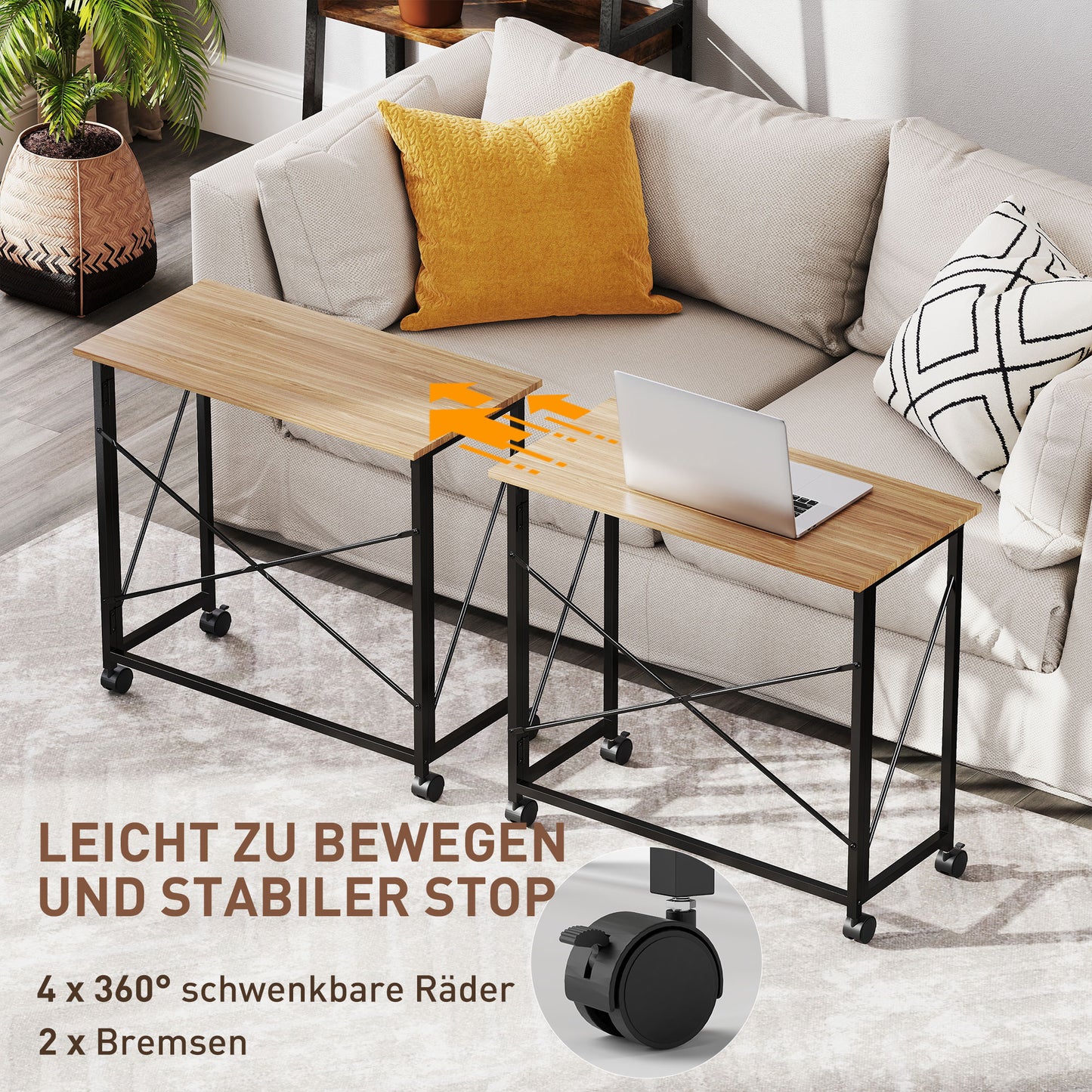 HOMCOM Klappbarer Schreibtisch mit Rädern, platzsparend, Stahl, MDF, Eiche