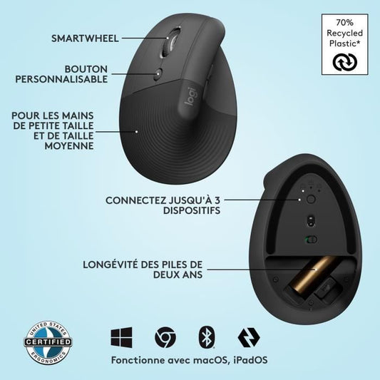 Logitech Lift Left Ergonomic Vertical Wireless Mouse for left-handed, Bluetooth or Logi Bolt USB receiver, Silent