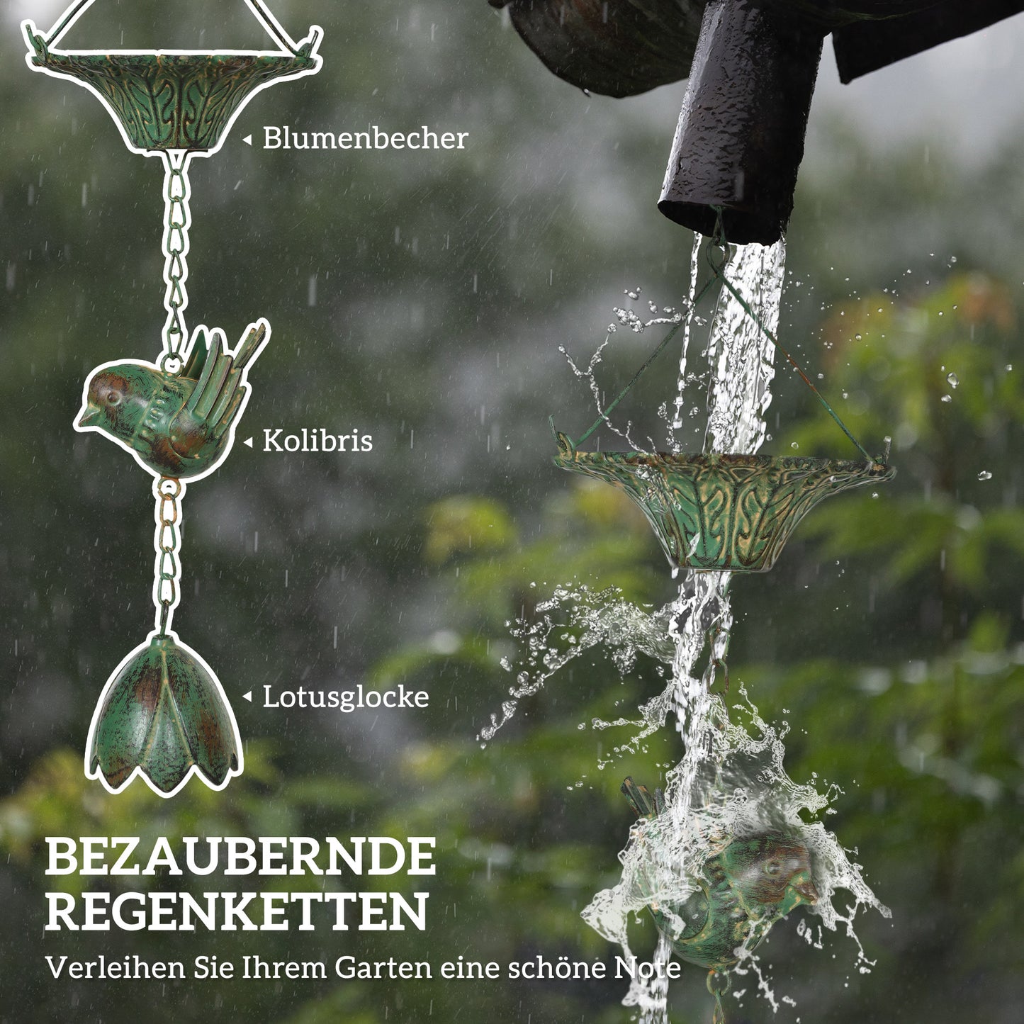 Outsunny 3er Set Regenkette 123cm Regenablaufkette aus Metall Ablaufkette mit befestigtem Aufhänger Vögeln Bell Grün
