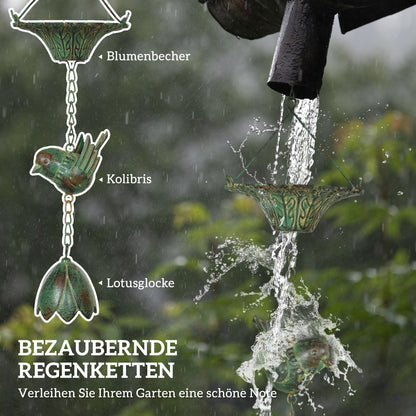 Outsunny 3er Set Regenkette 123cm Regenablaufkette aus Metall Ablaufkette mit befestigtem Aufhänger Vögeln Bell Grün