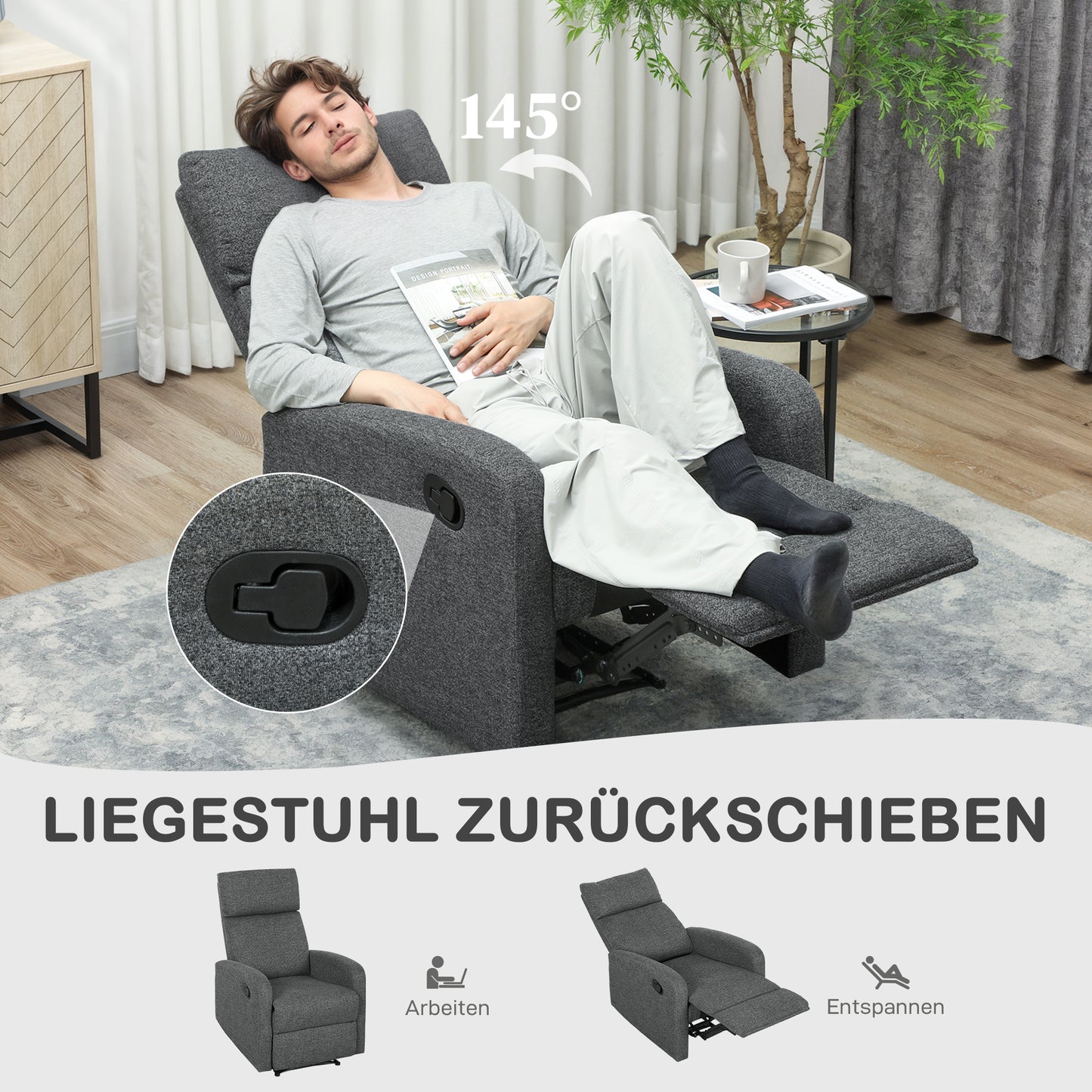 HOMCOM Relaxsessel, verstellbarer Liegesessel mit anpassbarer Beinstütze, Moderner Wohnzimmersessel mit Stoffbezug, Grau