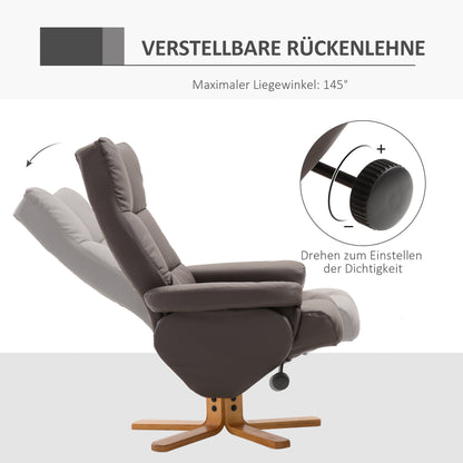 HOMCOM Relaxsessel mit Hocker, 360°drehbarer Fernsehsessel mit Liegefunktion Lesesessel für Schlafzimmer, Wohnzimmer, Kunstleder, Braun
