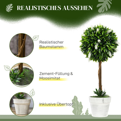 HOMCOM 2er-Set Lavendel Kunstbaum, 60 cm hoch, inkl. Topf und Kunstmoos, Weiß