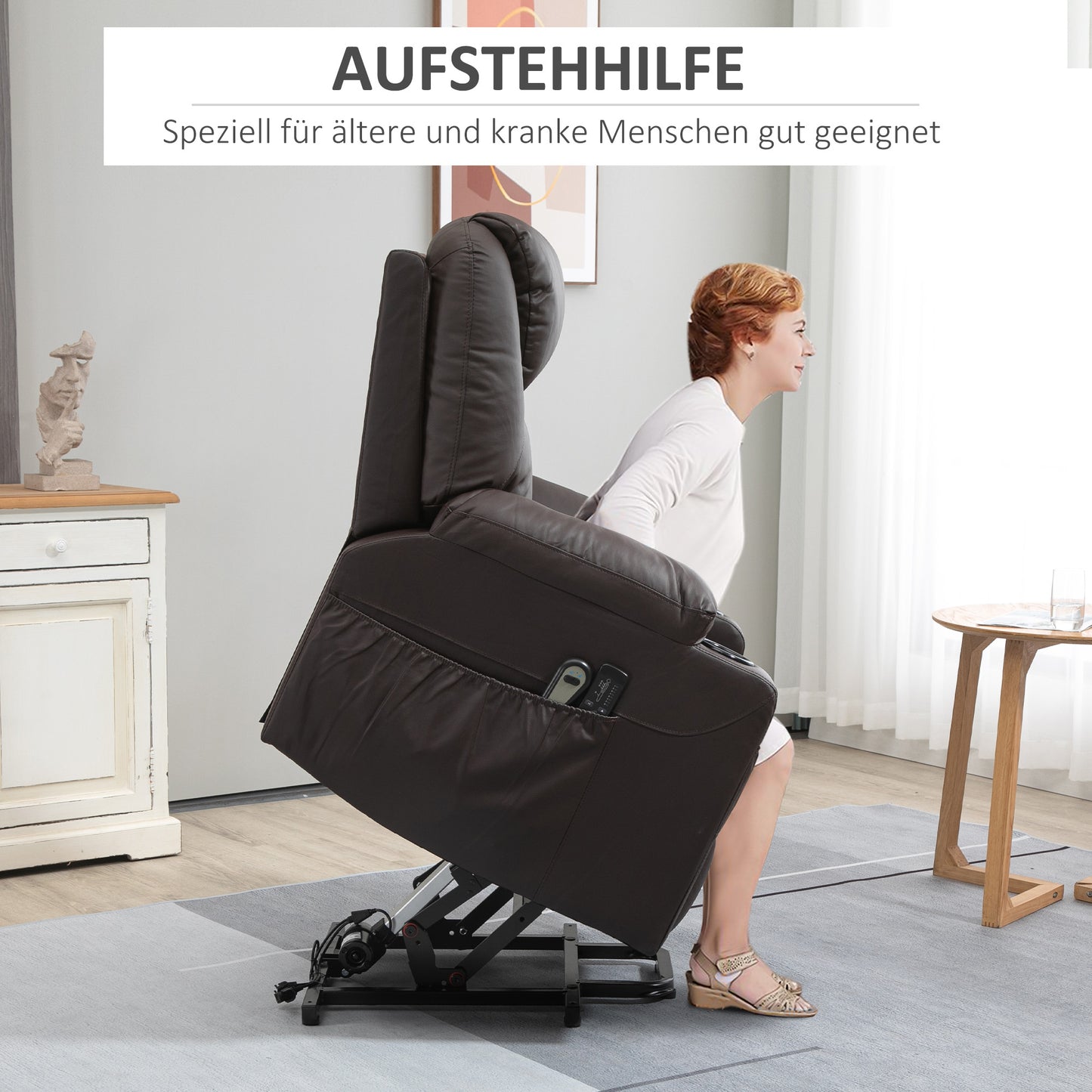 HOMCOM Massagesessel mit Aufstehhilfe, Liegefunktion, Kunstleder, bis 150 kg, 88 x 99 x 106 cm, Braun