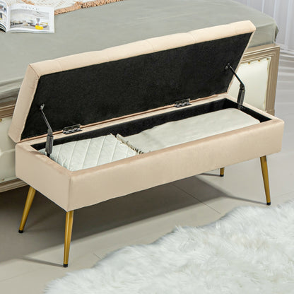 HOMCOM Stauraum-Sitzbank in Samtoptik, gepolsterter Fußhocker mit getuftetem Design, Metallrahmen, 102 x 35 x 43 cm, Beige