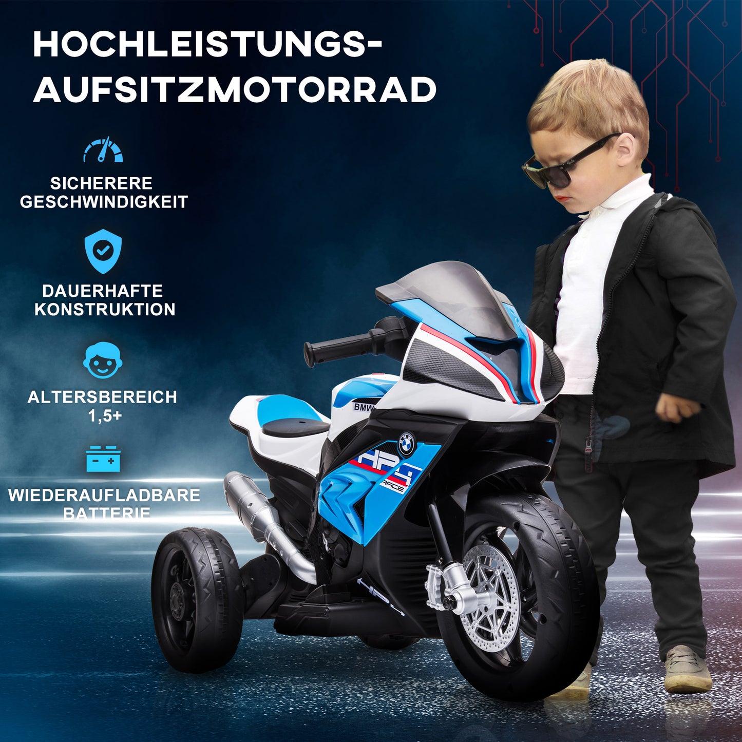HOMCOM Kindermotorrad, Elektromotorrad, Scheinwerfer, 3 Musikmodi, für Kinder 1,5-5 Jahre, Blau, 82,5 x 42 x 54cm