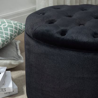 HOMCOM Sitzbank mit Stauraum Polsterbank mit Samtoptik, Sitztruhe Ovale Form, Truhenbank für Wohnzimmer Schlafzimmer Flur 71 x 52 x 42 cm, Schwarz