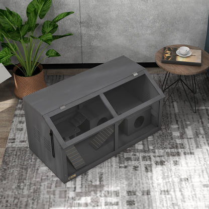 PawHut Hamsterkäfig, Kleintierkäfig aus Holz, Hängebrücke, Leitern, Hütte, 84 x 45 x 44 cm, för Zwerghamster, Grau