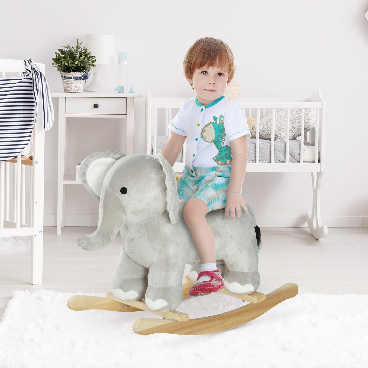 AIYAPLAY Schaukelpferd, Elefant, Soundeffekte, sichere Basis, für 2-4 Jahre, 64,5x31x52 cm, Grau