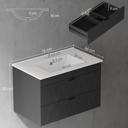 HOMCOM Waschbeckenunterschrank Hängender Unterschrank mit Keramikwaschbecken Soft-Close-Schubladen Schwarz