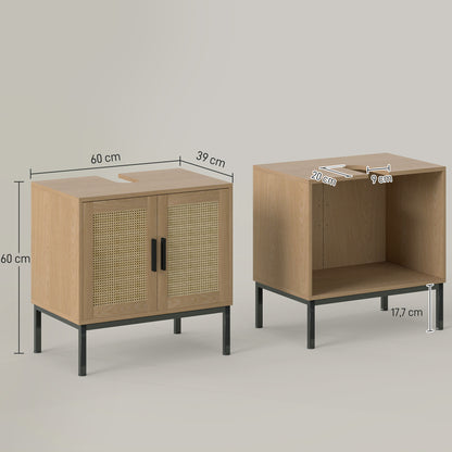 kleankin Badezimmerunterschrank, im Boho-Design, Badezimmerschrank, Rattan-Elemente, mit U-Ausschnitt, Eiche