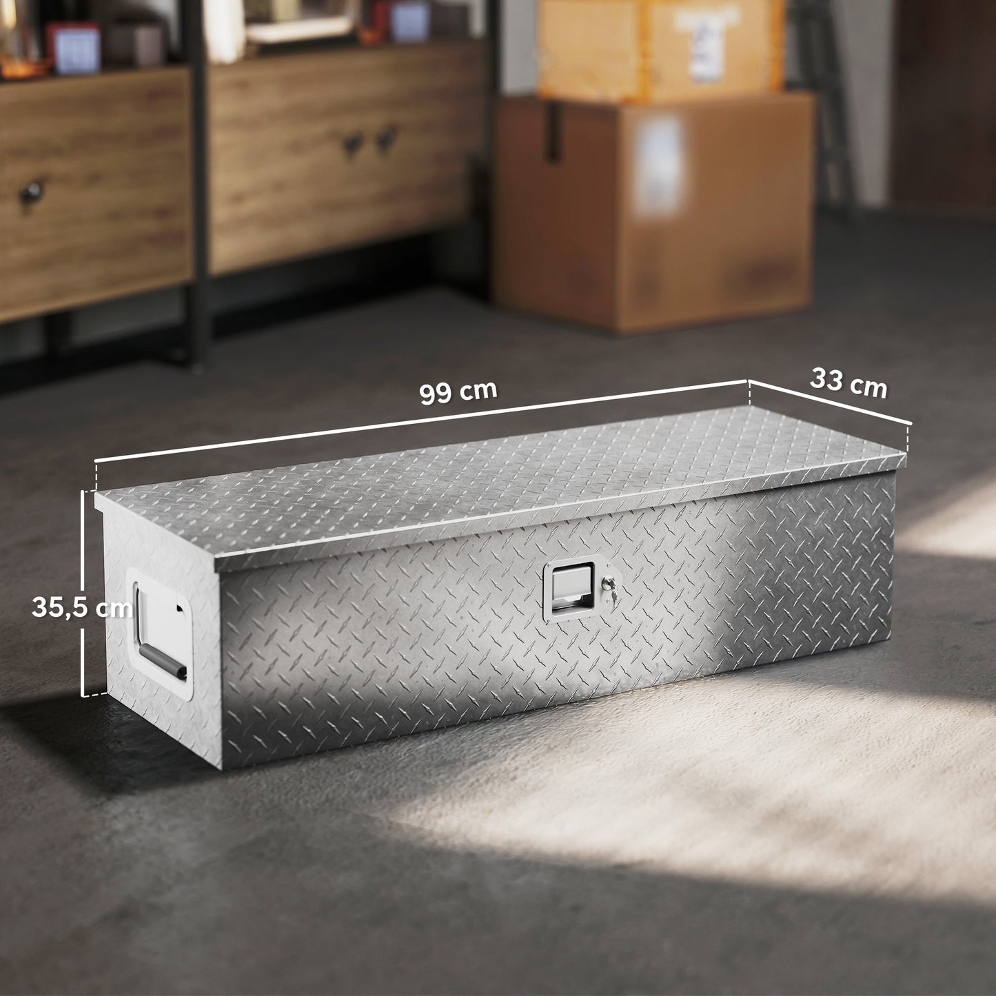 HOMCOM Stabile Aufbewahrungskiste aus Aluminium mit Seitengriffen, Schloss und Schlüsseln, Werkzeugkasten, 99 x 33 x 25,5 cm