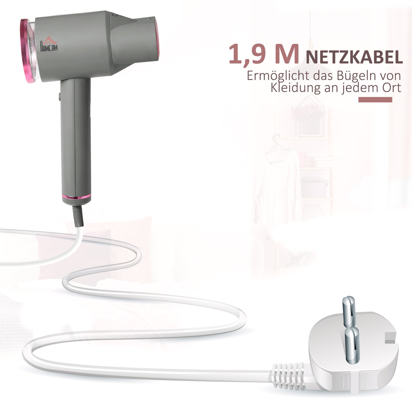 HOMCOM Dampfglätter Dampfbürste Steamer Reisebügeleisen faltbar Kleidung Hemden Dampfbügeleisen mit 160 ml Wassertank 1520 W schnelles Aufheizen Aluminium Kunststoff Grau+Rosa 27,5 x 18,2 x 9 cm