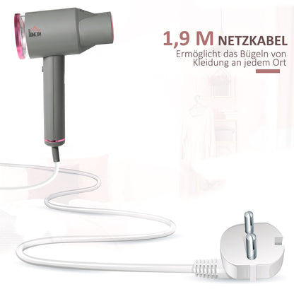 HOMCOM Dampfglätter Dampfbürste Steamer Reisebügeleisen faltbar Kleidung Hemden Dampfbügeleisen mit 160 ml Wassertank 1520 W schnelles Aufheizen Aluminium Kunststoff Grau+Rosa 27,5 x 18,2 x 9 cm