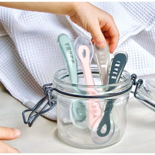 BEABA Lot of 4 spoons 2nd age silicone (dark blue + pink + light mist + airy green)