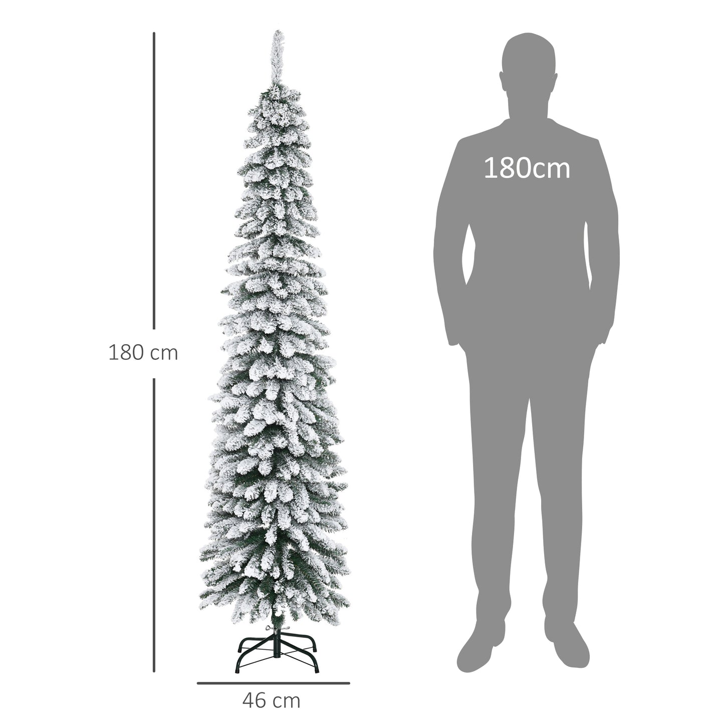 HOMCOM Künstlicher Weihnachtsbaum, schneebedeckt, schmales Design, feuerfest, 180 cm, Grün/Weiß
