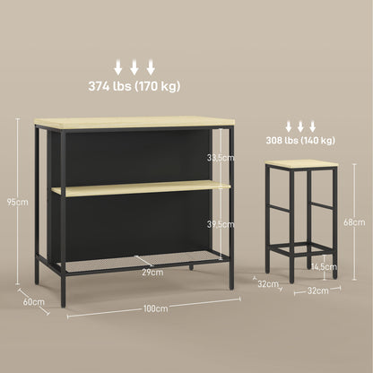 HOMCOM Bar-Set, 2 Barstühle & 1 Bartisch, fleckenresistent, stabil, Stahlrahmen, Schwarz/Eiche