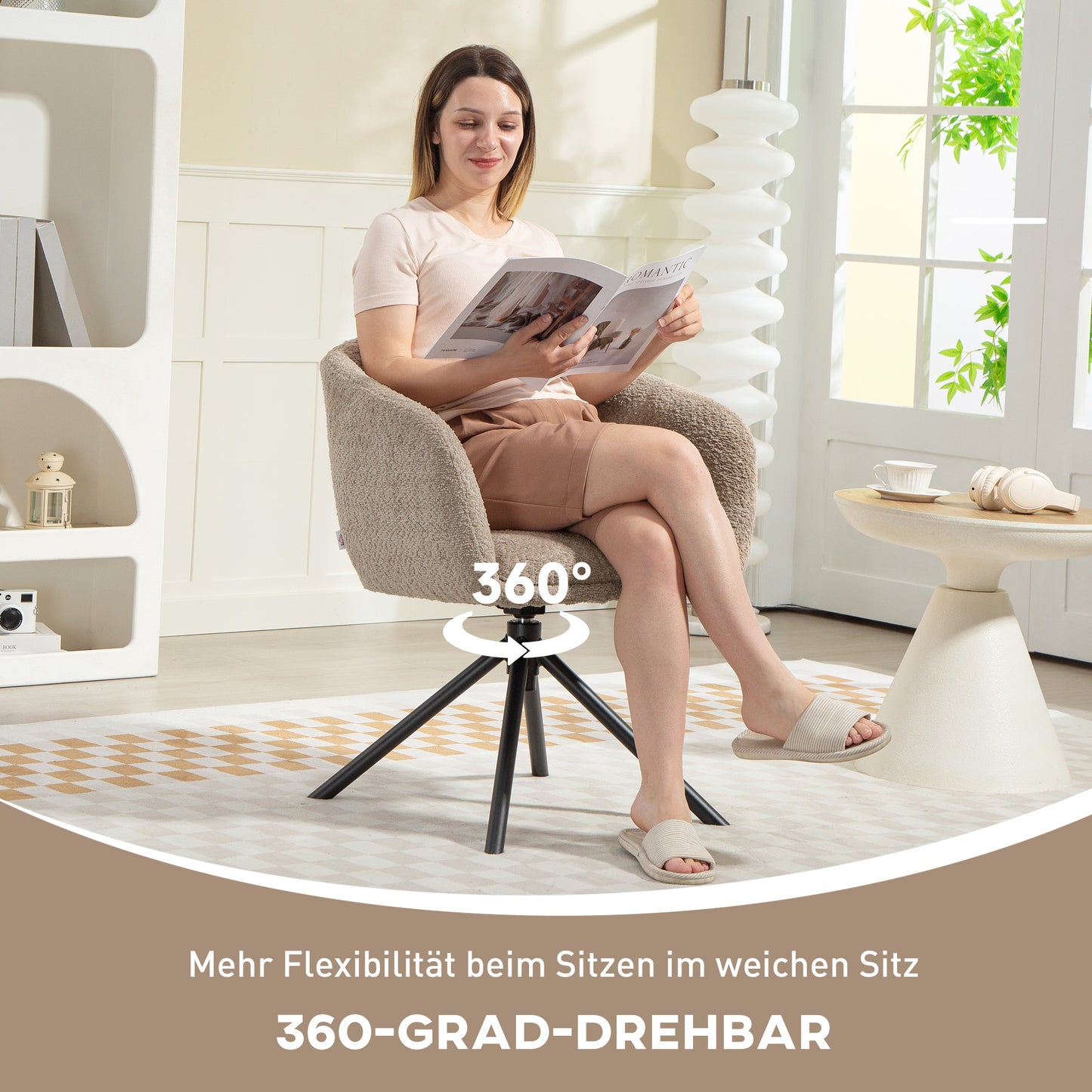 HOMCOM Sessel, Polsterstuhl mit bequemer Sitzschale, drehbar, kuscheliger Bezug, bis 120 kg, Hellbraun