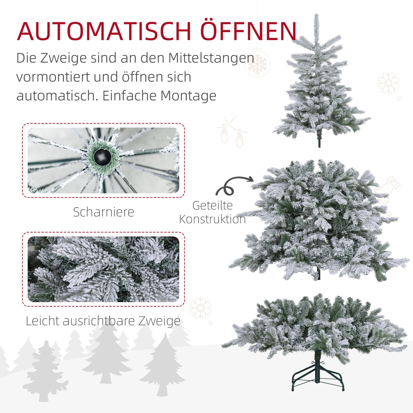HOMCOM Weihnachtsbaum 180 cm, mit Kunstschnee, flammhemmend, schneller Auf- und Abbau, Metallbasis