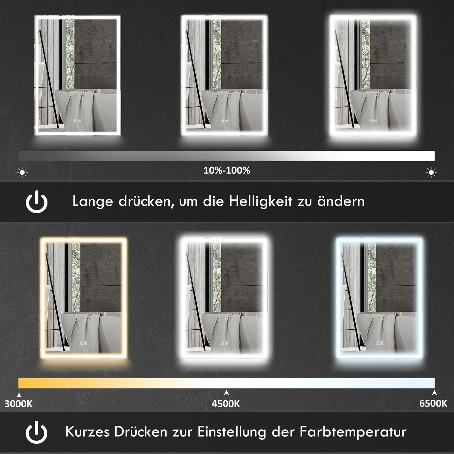 HOMCOM Spiegelschrank, Badschrank mit LED, 50 x 70 cm, dimmbar, Anti-Beschlag, Schwarz