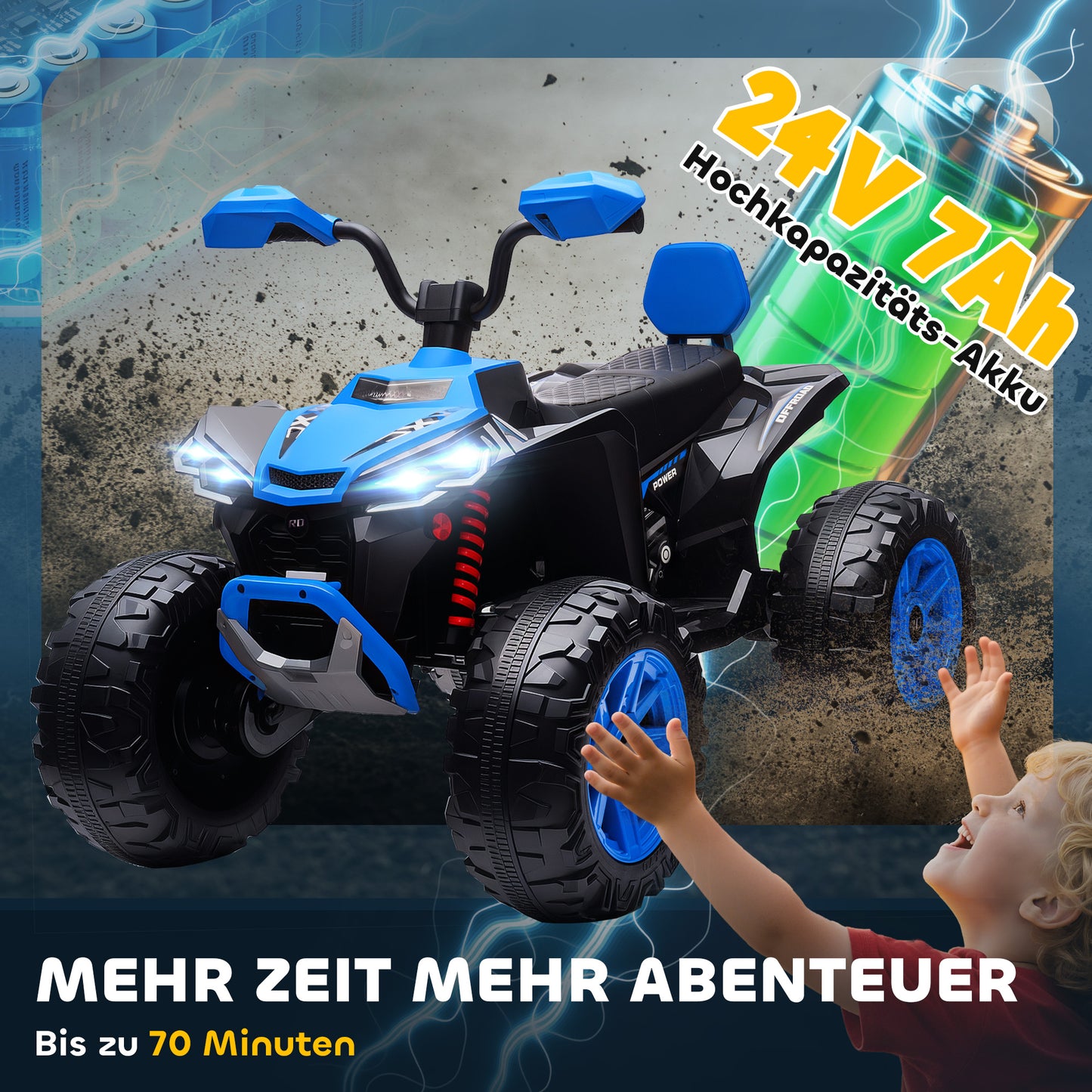 AIYAPLAY Kinder-Elektro-Quad, 24V Elektro-Fahrzeug mit 4 Rädern, Scheinwerfer, USB-Anschluss, MP3-Funktion, 6,5 km/h, 3-8 Jahre