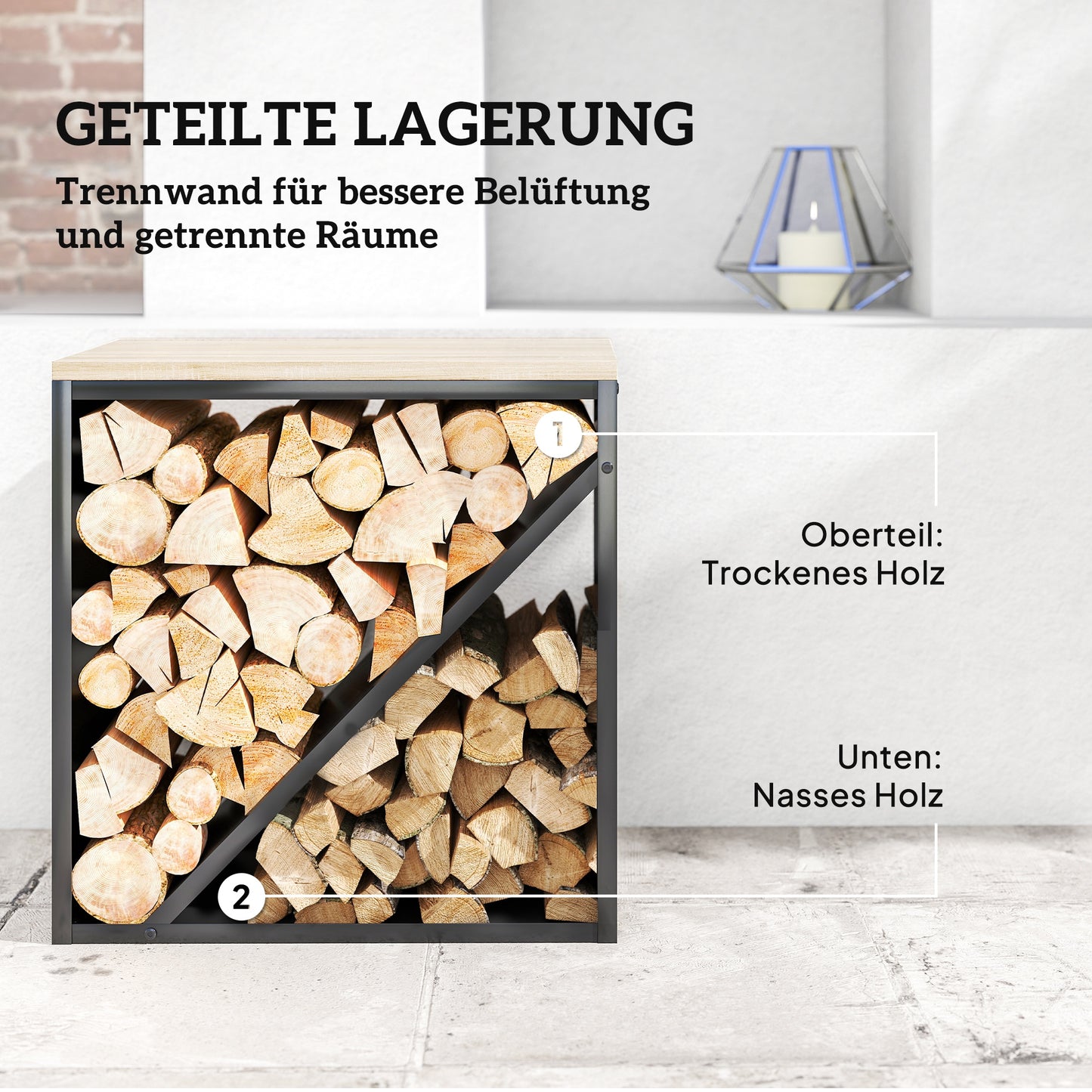 Outsunny 2-in-1 Kaminholzregal für innen 58 x 36 x 60cm erhöhtes Brennholzregal mit Trenner Metall Schwarz