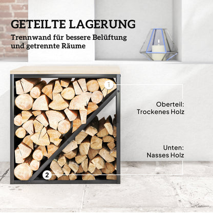Outsunny 2-in-1 Kaminholzregal für innen 58 x 36 x 60cm erhöhtes Brennholzregal mit Trenner Metall Schwarz