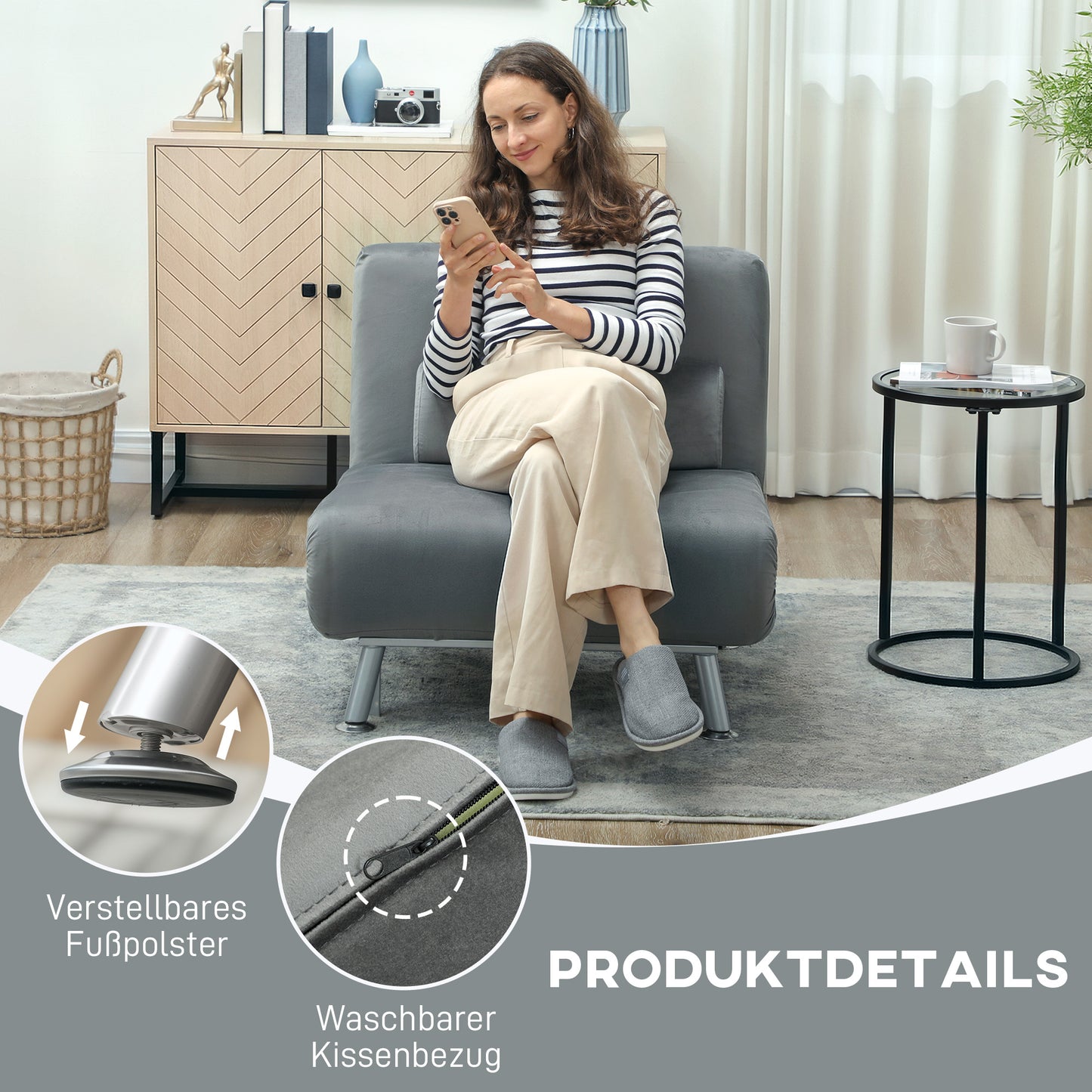 HOMCOM Klappsessel mit Bettfunktion, klappbarer Relaxsessel in Samtoptik, Verstellbare Rückenlehne, 75 x 70 x 75 cm, Grau