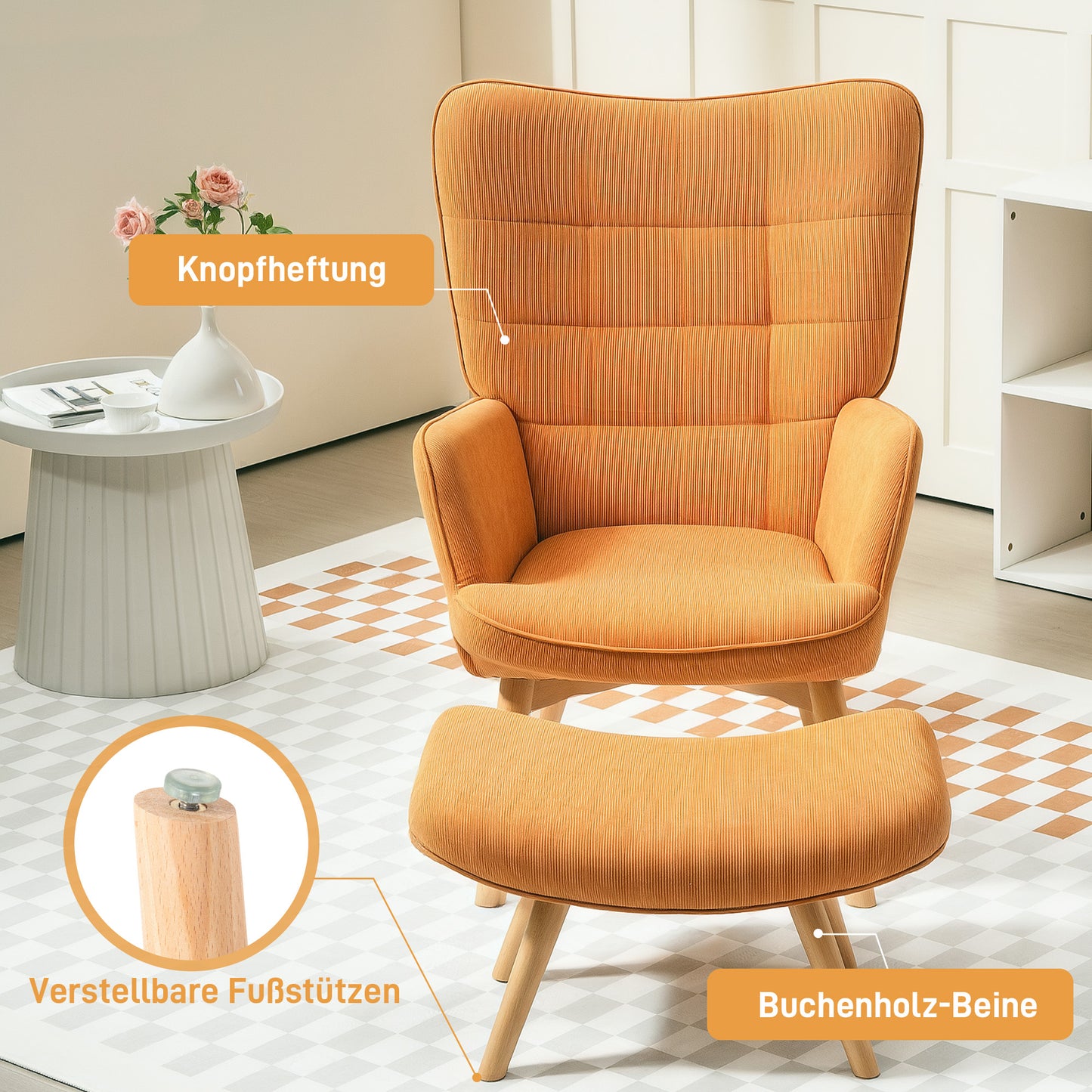 HOMCOM Akzentsessel mit Hocker, Relaxsessel in Cord-Optik, Armlehnstuhl mit Holzbeinen, für Wohnzimmer, Braun