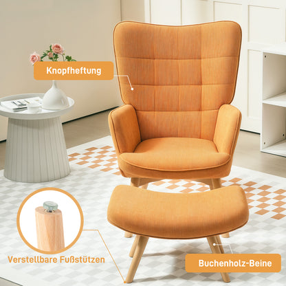 HOMCOM Akzentsessel mit Hocker, Relaxsessel in Cord-Optik, Armlehnstuhl mit Holzbeinen, für Wohnzimmer, Braun