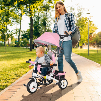 HOMCOM 6-in-1 Kinderdreirad mit Schiebestange, Dach, Gurt, Ablagekorb, für 1-5 Jahre, Rosa