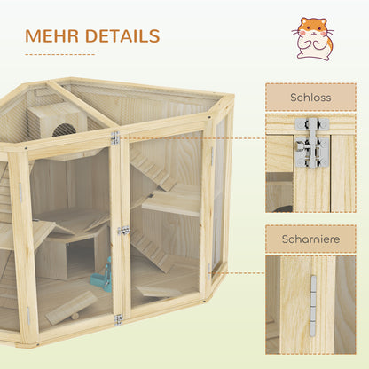 PawHut Hamsterkäfig, 4-Ebenen-Design, mit Fütterungsstation, Wippe, Rampe, Hütten, 115 x 69,5 x 79 cm, Holz