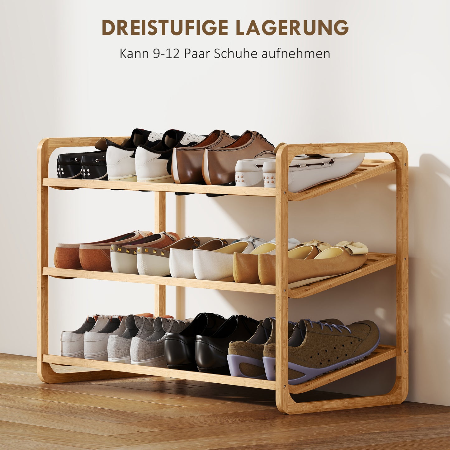 HOMCOM Bambusregal, Schuhregal, Flurregal, 3-stufiges Design, 30 kg Belastbarkeit, Holz