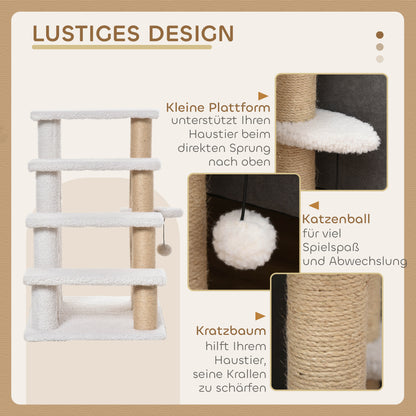 PawHut Katzentreppe 4-stufige Haustiertreppe mit Kratzsäulen Ball Hundetreppe Tiertreppe für Katzen bis 5 kg Plüsch Jute Weiß 60 x 40 x 64 cm