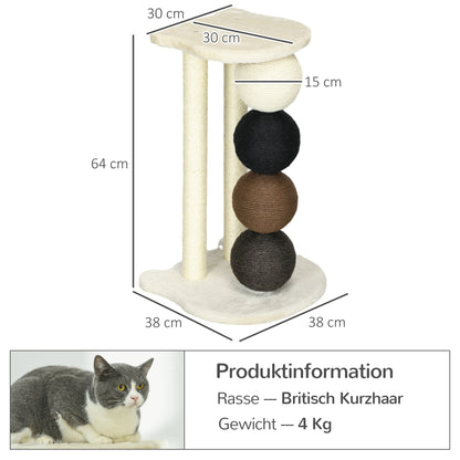 PawHut Kratzsäule für Katzen, Katzenkratzbaum Kratzbaum mit Plattform, Kratzstamm mit 2 Sisalpfosten und 4 Sisalbällen, Katzenkratzer Spielzeug, 38 x 38 x 64 cm