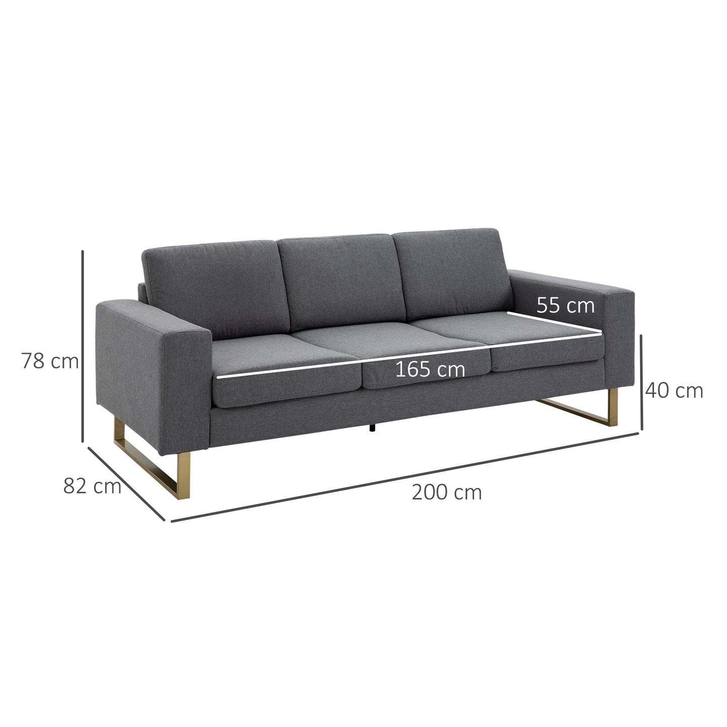 HOMCOM 3 Sitzer Sofa Dreisitzer Stoffsofa mit Kissen Armlehne Leinenoptik für Schlafzimmer 200 x 82 x 78 cm Dunkelgrau