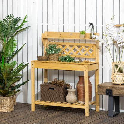 Outsunny Garten-Arbeitstisch, integriertes Edelstahl-Spülbecken, 2 Ablagen, Massivholz, braun, 92 x 45 x 120 cm