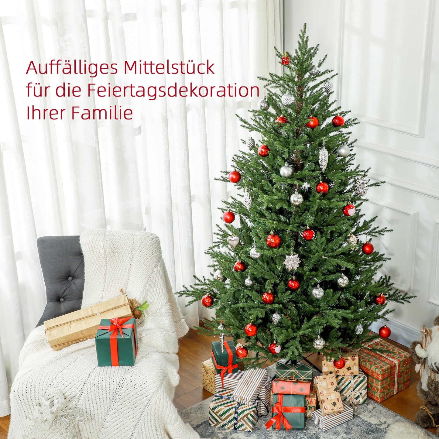 HOMCOM Weihnachtsbaum 183 cm, realistisches Aussehen, Schnellaufbau, inkl. Ständer, feuersicherer Kunststoff
