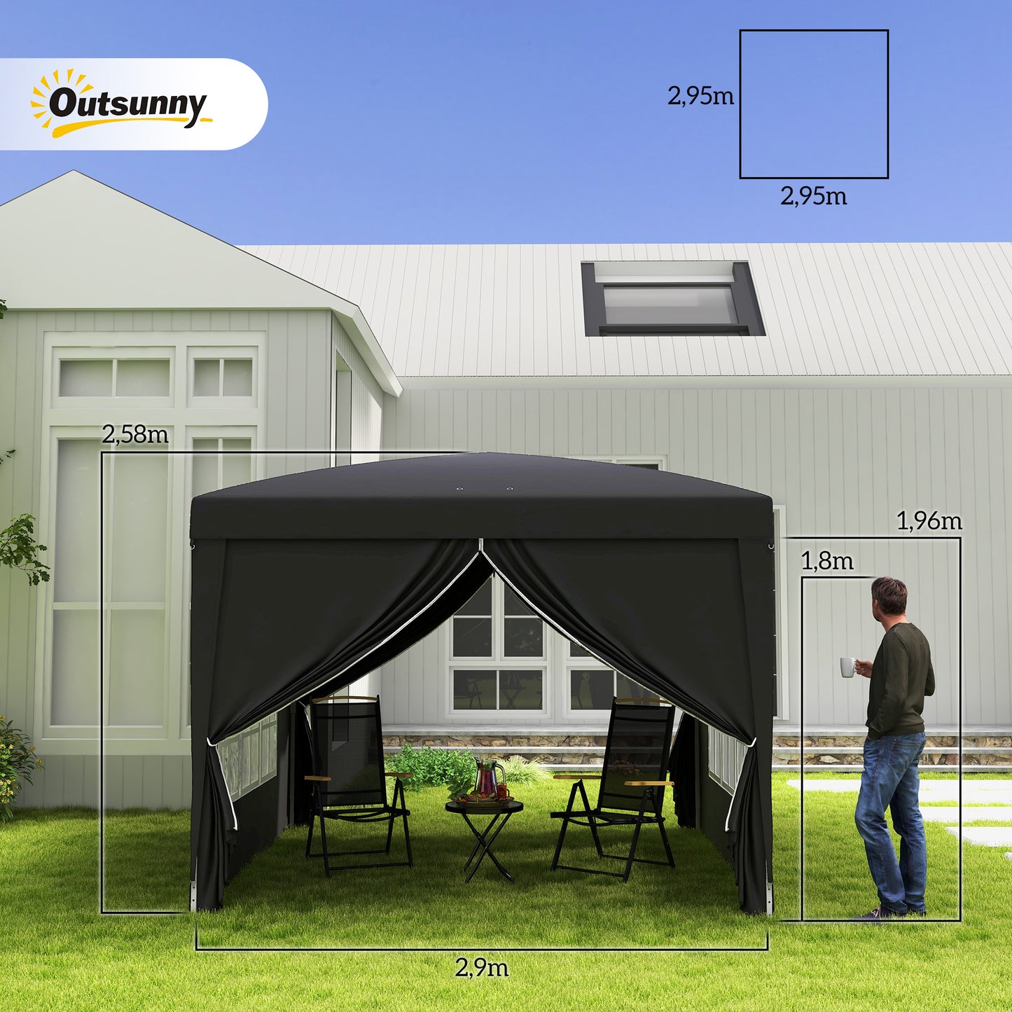Outsunny 3 x 3 m Pavillon mit 4 Seitenwänden, Fenster, Festzelt mit UV-Schutz, Gartenzelt inkl. Tragetasche, Stahl, Schwarz