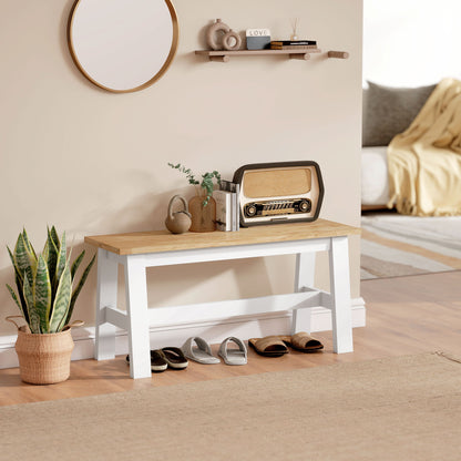 HOMCOM Sitzbank für 2, Holzbank in Eichenoptik, stabilisierende Querstange, für Wohnzimmer, Esszimmer, Flur, Kautschukholz, Weiß