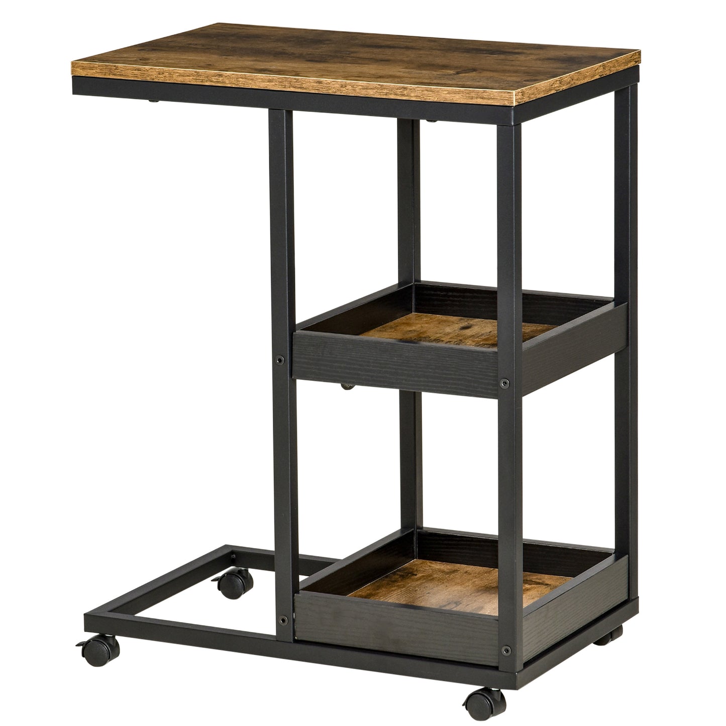 HOMCOM Beistelltisch mit Rädern für Sofa oder Bett, Industriestil, Stahl und Holz, Braun und Schwarz