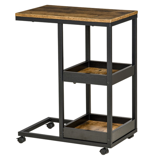 HOMCOM Beistelltisch mit Rädern für Sofa oder Bett, Industriestil, Stahl und Holz, Braun und Schwarz