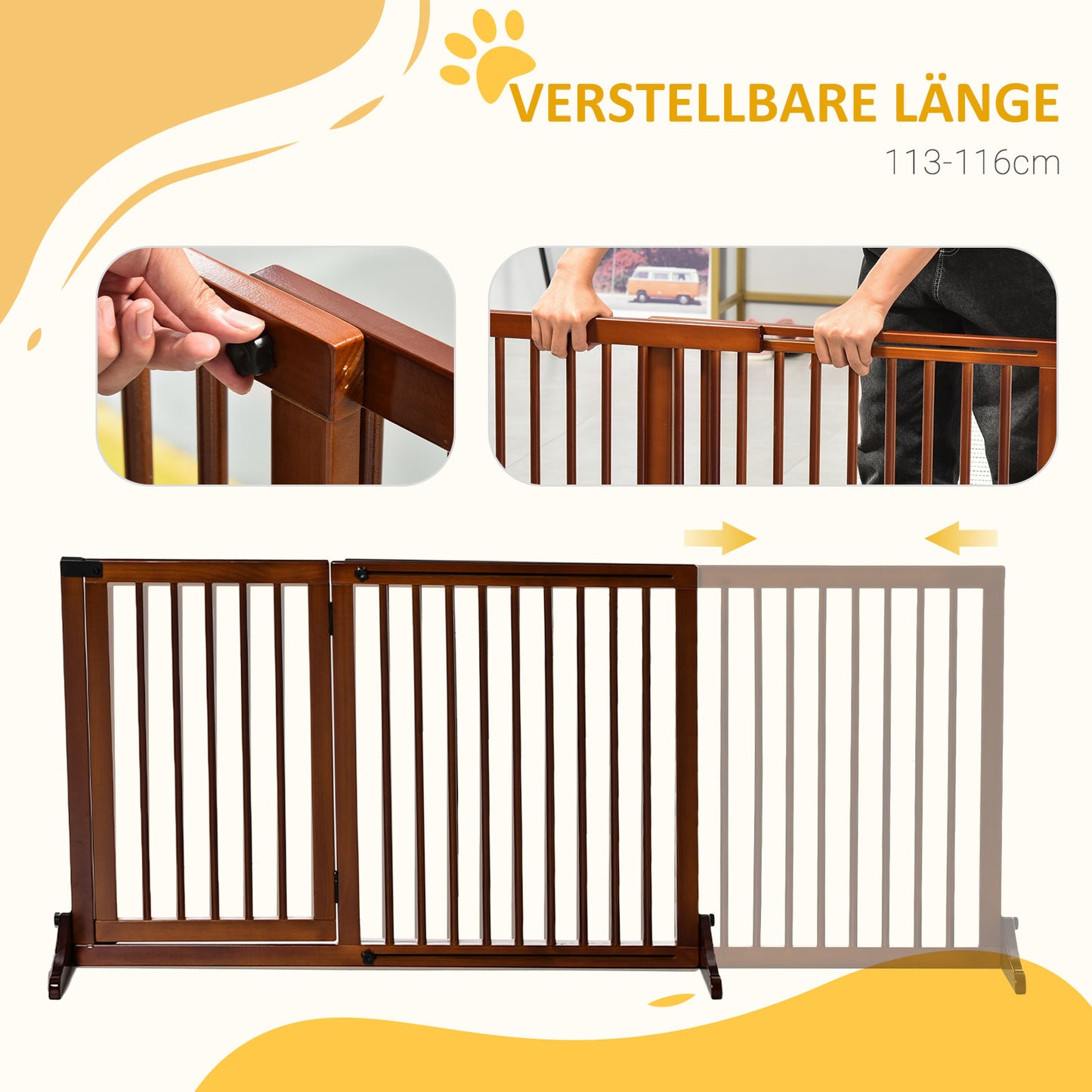 PawHut Absperrgitter Hunde Türschutzgitter Schutzgitter aus Holz Freistehendes Hundegitter mit Tür Hundeabsperrgitter Konfigurationsgitter för Kamin &amp; Ofen Braun 113-166 x 36 x 71 cm