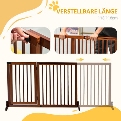 PawHut Absperrgitter Hunde Türschutzgitter Schutzgitter aus Holz Freistehendes Hundegitter mit Tür Hundeabsperrgitter Konfigurationsgitter för Kamin &amp; Ofen Braun 113-166 x 36 x 71 cm
