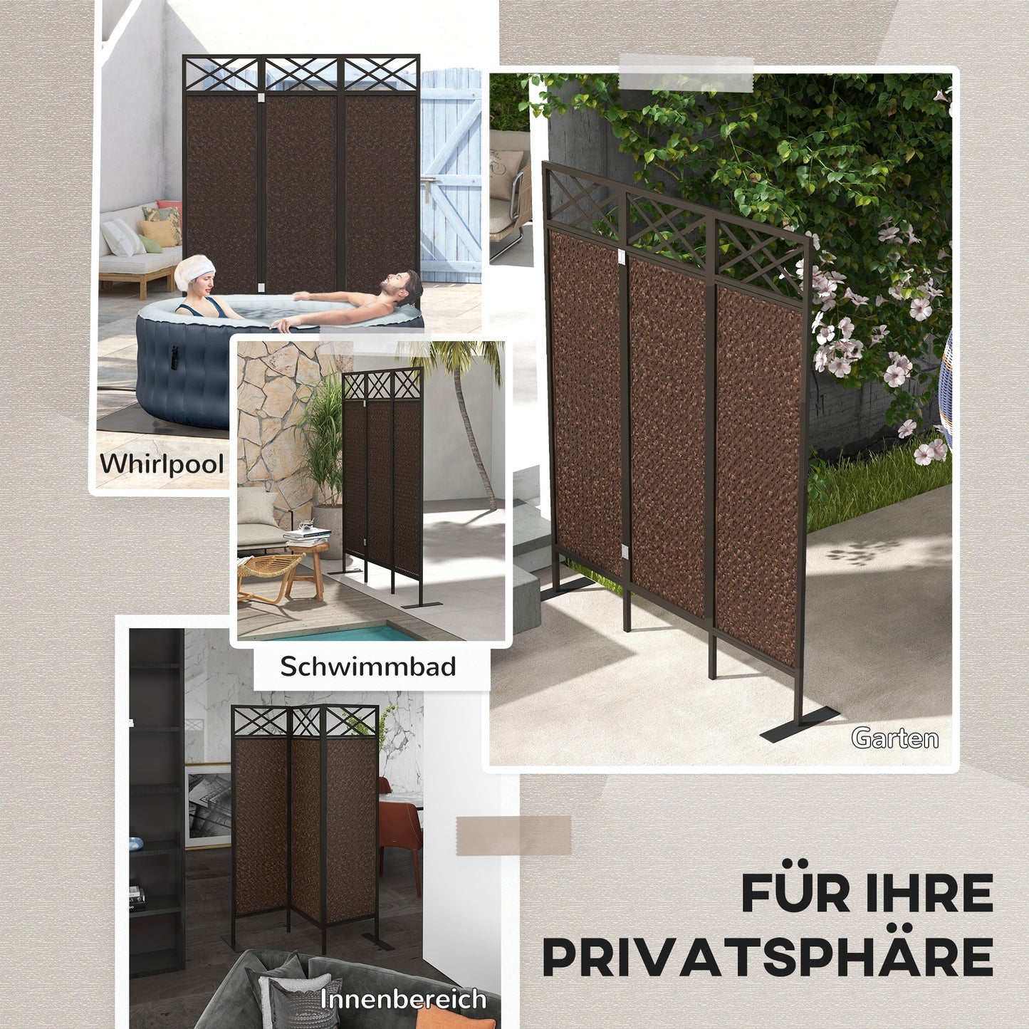 Outsunny Raumteiler Paravant, Vintage-Design, 3-teilig, 148 cm x 33 cm x 181 cm, Braun + Schwarz