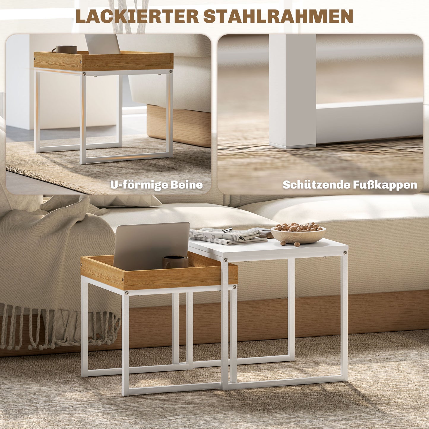 HOMCOM Moderner Couchtisch, 2er-Set Sofatisch, für kleine Räume, Quadratisch, MDF, Metall, Weiß