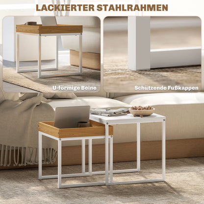 HOMCOM Moderner Couchtisch, 2er-Set Sofatisch, für kleine Räume, Quadratisch, MDF, Metall, Weiß