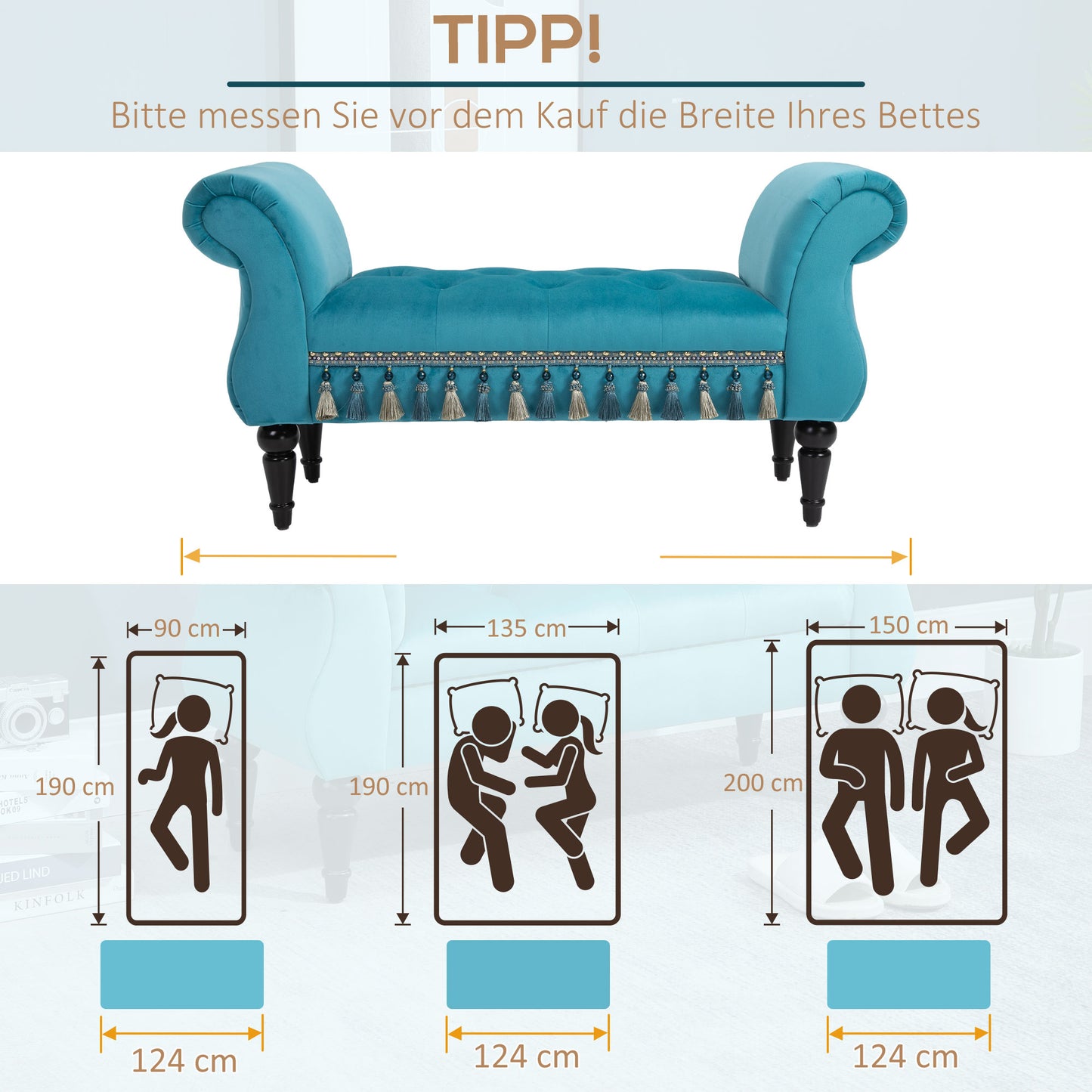 HOMCOM Sitzbank Polsterbank mit Samt-Bezug, Armlehne Bettbank mit Holzrahmen, Schuhbank für Schlafzimmer, Wohnzimmer, Flur 117 x 40 x 58 cm Blå